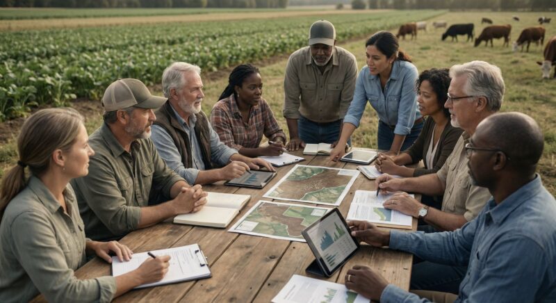 Farmers at conference table next to field