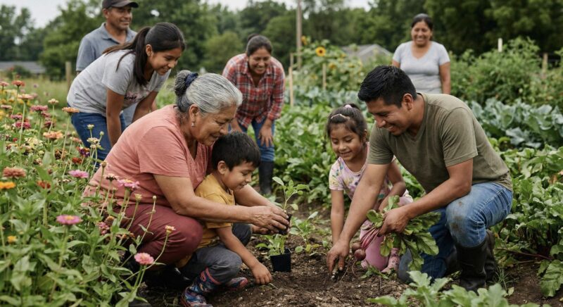 Latino family farmers at work in field