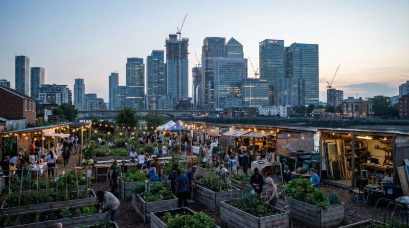 Community farm and marketplace with cityscape behind