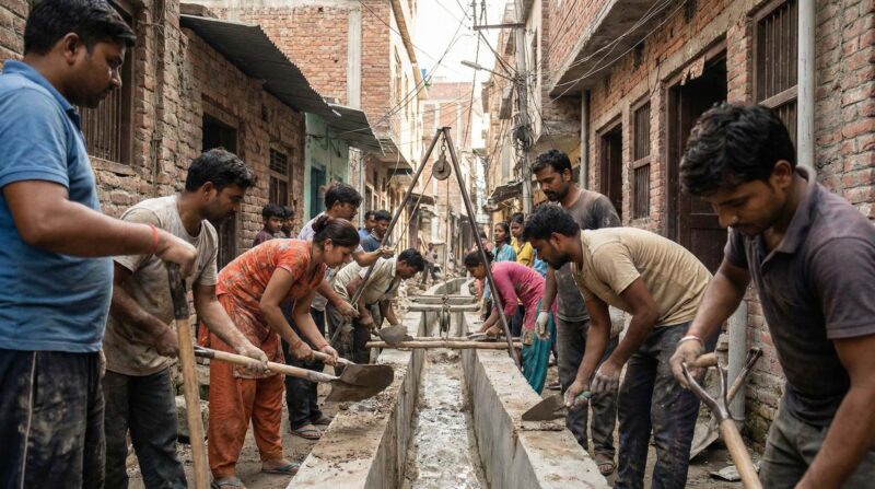 Indian workers laying cement