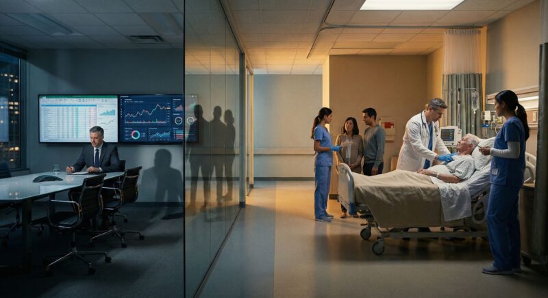 Hospital administrators office next to caregivers in hospital room