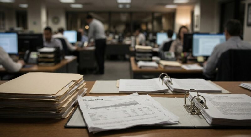Paperwork on desk in office space with workers