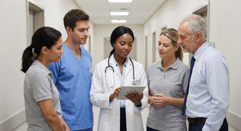Hopsital caregiver team meeting in hallway