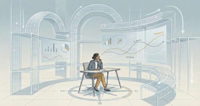 metaphorical visual of architectural scaffolding surrounding a human decision-maker