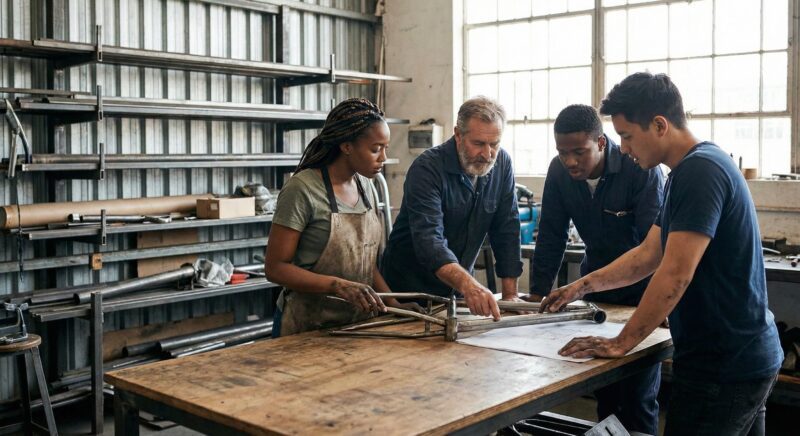 Four workers discussing project at drawing table