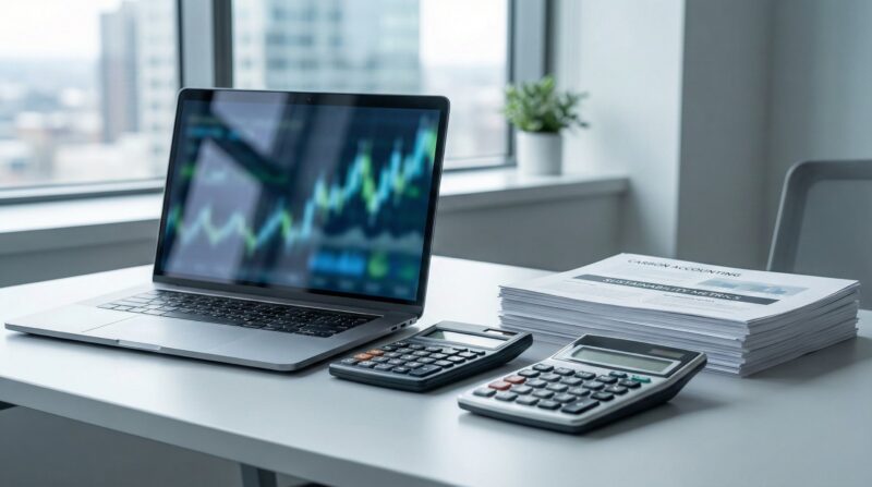 Laptop with calculators and stack of reports