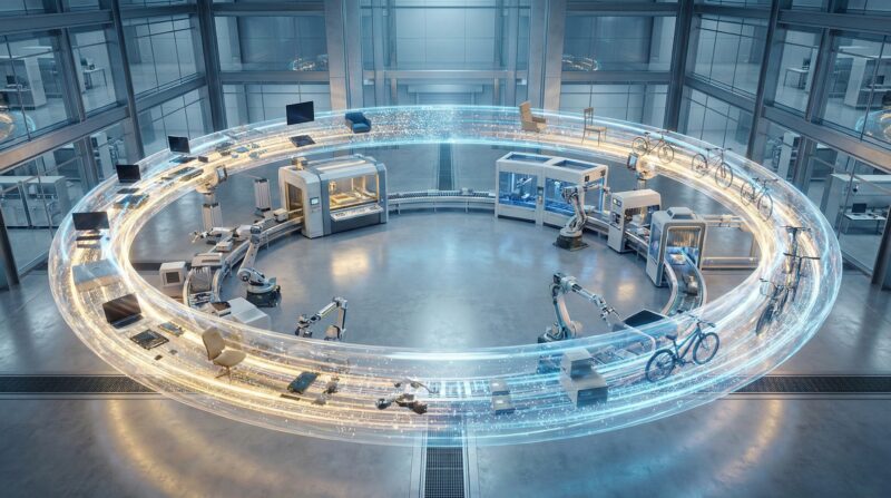 Circular manufacturing system visualized as a continuous loop of materials
