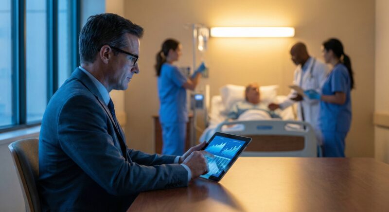 Businessman on computer while healthcare workers care for patient in bed