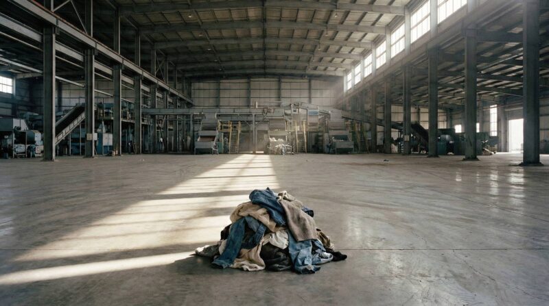 Pile of clothes on floor of large warehouse