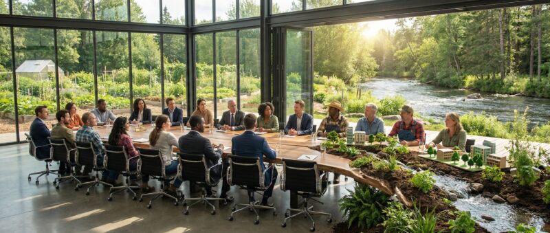 Diverse stakeholders seated at a modern boardroom table that seamlessly blends into surrounding communities and ecosystems 
