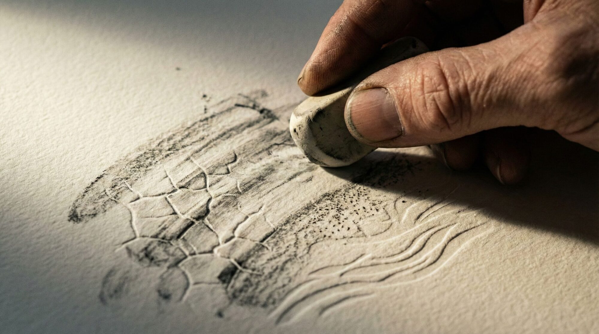 a hand attempting to erase dark marks from thick textured paper, but the erased marks remain deeply embossed beneath the surface