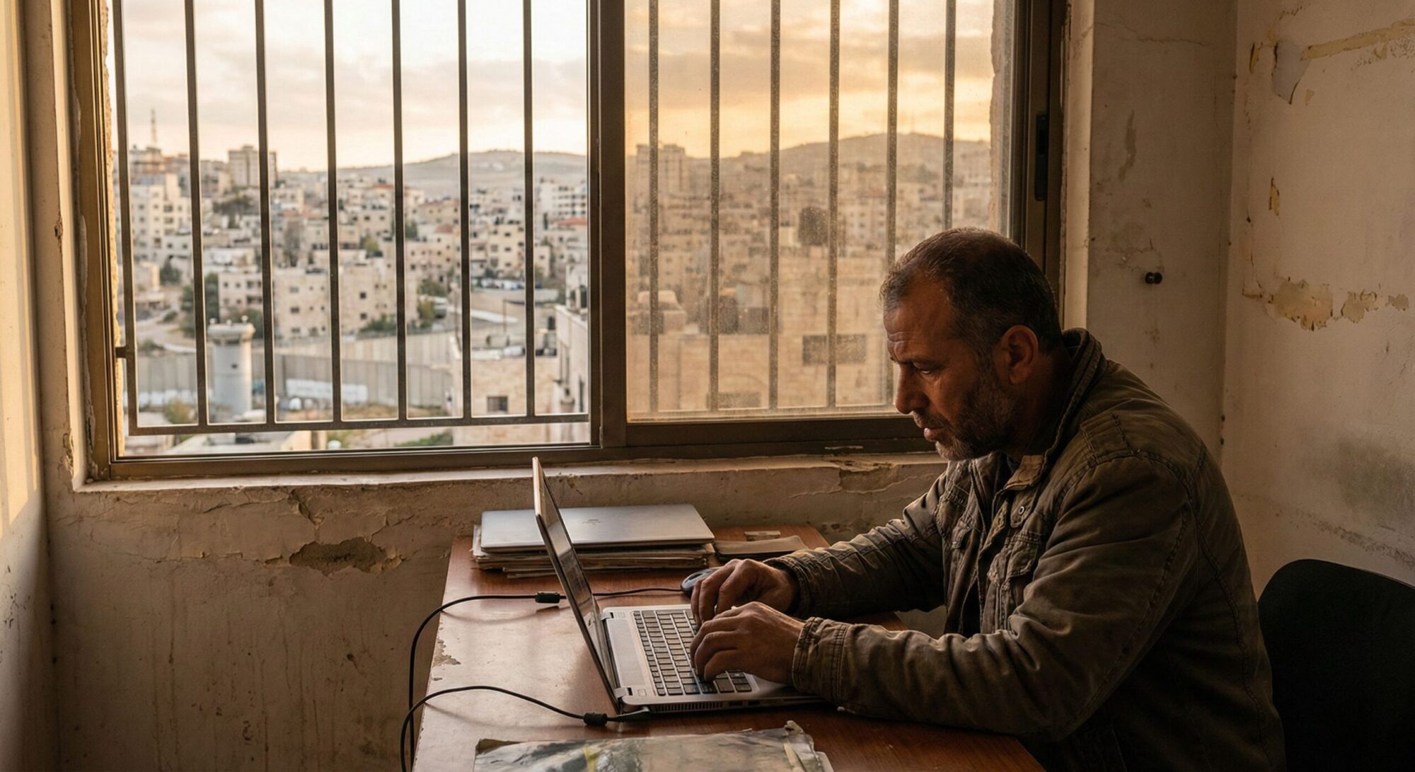 Palestinian man at computer barred windows