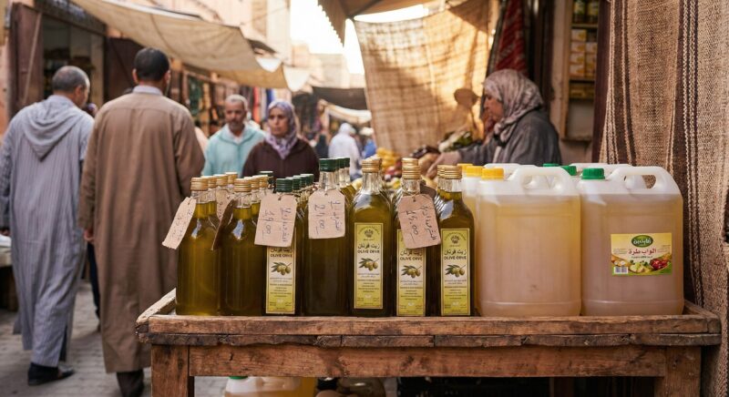 Olive oil bottles for sale on Tunisian street