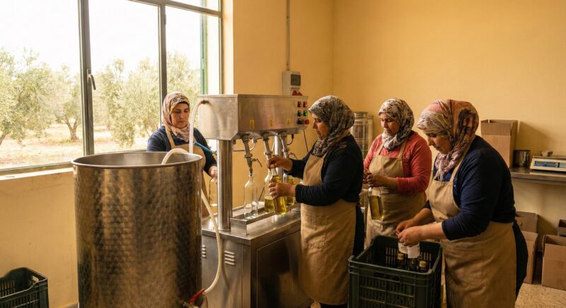 Tunisian women in olive oil bottling space