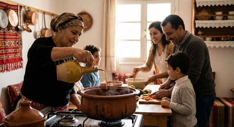 a communal cooking pot in a Tunisian home kitchen, multigenerational family preparing a meal together