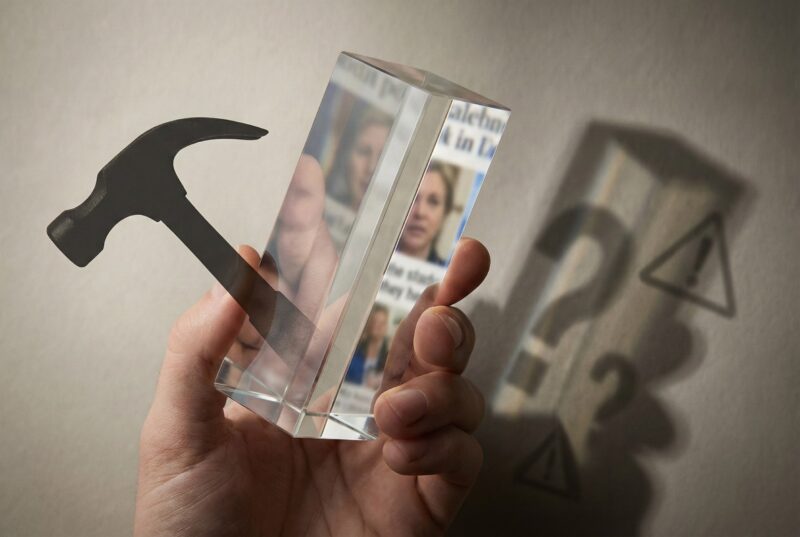 Metaphorical “tools for the mind” — a human hand holding two objects: a traditional tool (hammer silhouette) fading into a sleek, translucent cognitive tool (a prism-like interface) that reflects fragmented faces and headlines.