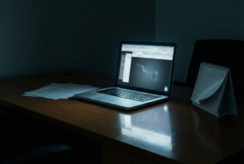 an empty office desk at night with a laptop open, multiple browser windows implied through reflected light, and a ghostly cursor trail “moving” across documents and calendars.