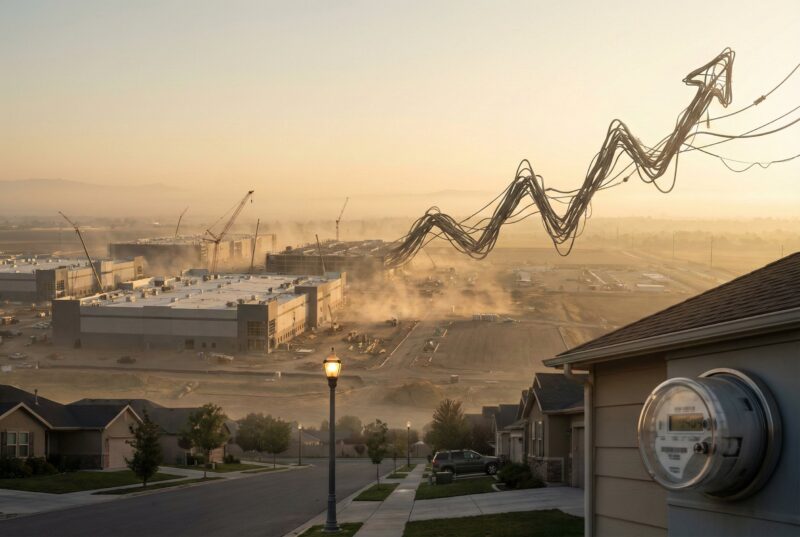 a vast landscape of data centers under construction merging into a stock-market-like graph line made of power cables.