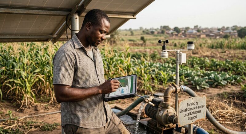 African farmer with tablet and irrigation equipment