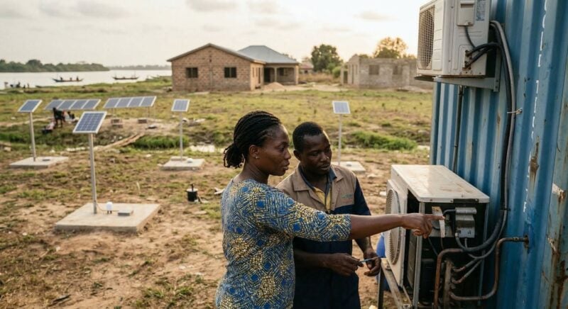 Engineers working on solar powered installation