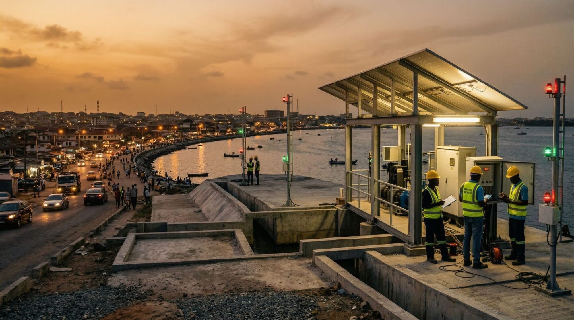 a coastal African city with climate-resilient infrastructure such as solar-powered water pumps, flood barriers, and distributed energy systems visible across the landscape