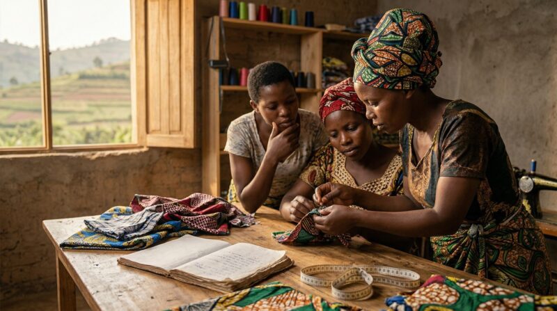 Three Rwandan women work at table