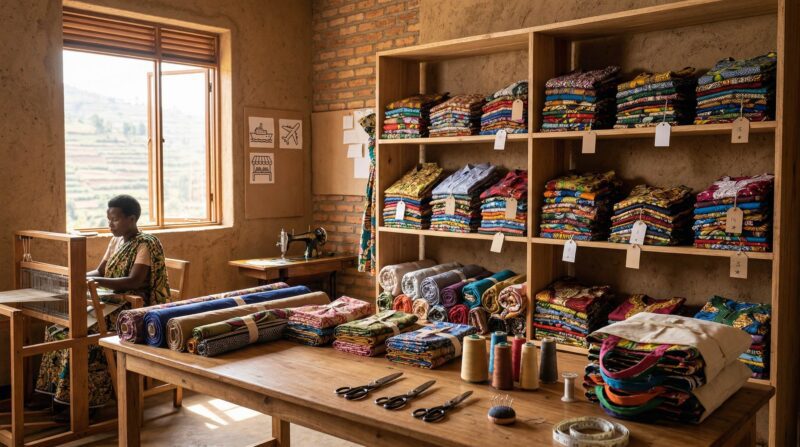 Woman working in Rwandan textile cooperative