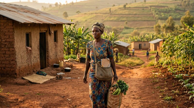 in a rural Rwandan community, a woman walking from a simple home carrying school materials and food items after a day’s work