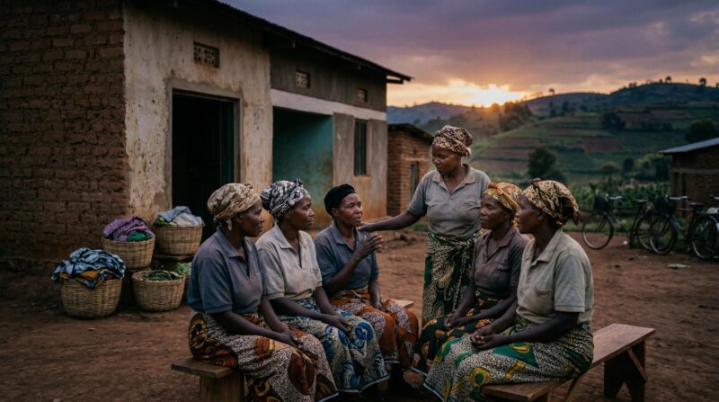 community scene in Rwanda showing women gathered outside a cooperative building at dusk, talking quietly after work