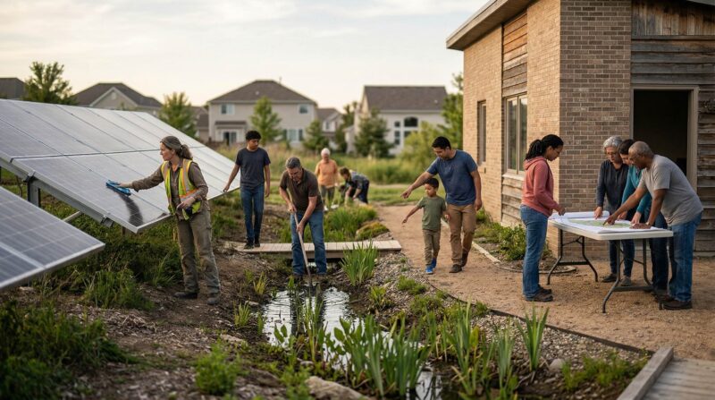 local infrastructure representing the commons — a watershed restoration site, community solar installation — with people actively using, maintaining/ stewarding it