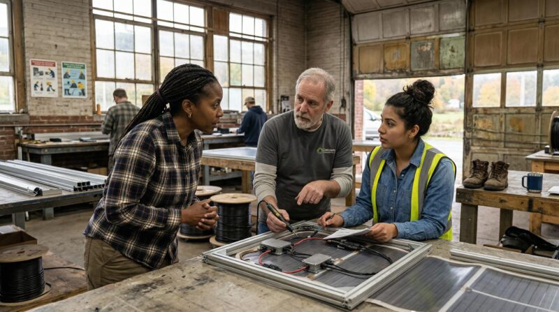 workers and managers at a small manufacturing or clean-energy enterprise in conversation on the shop floor