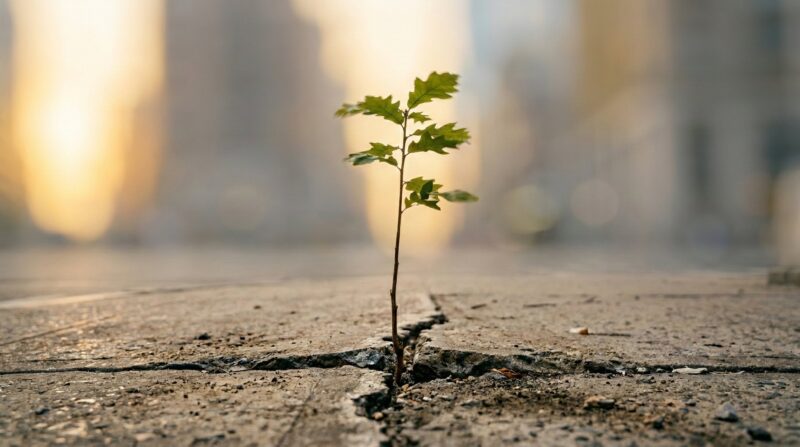 a single sapling growing through cracked concrete, sharply in focus, background blurred urban environment.