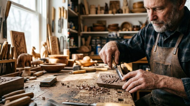 a craftsperson carefully carving a single wooden piece while other unfinished pieces sit blurred in the background.