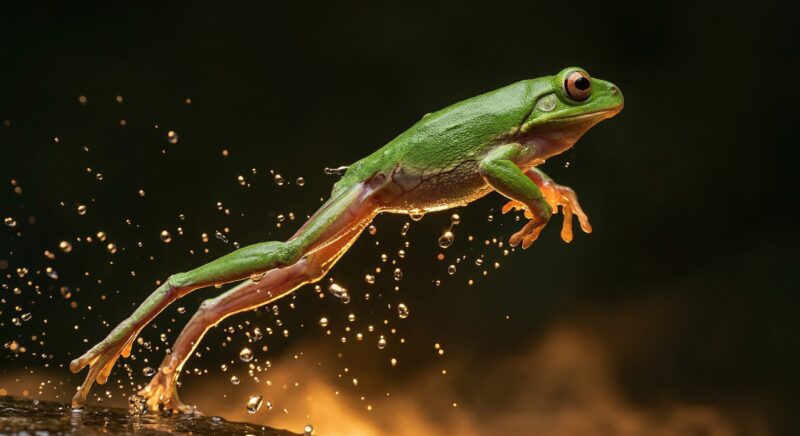 a vivid green tree frog mid-leap against a dark, moody background