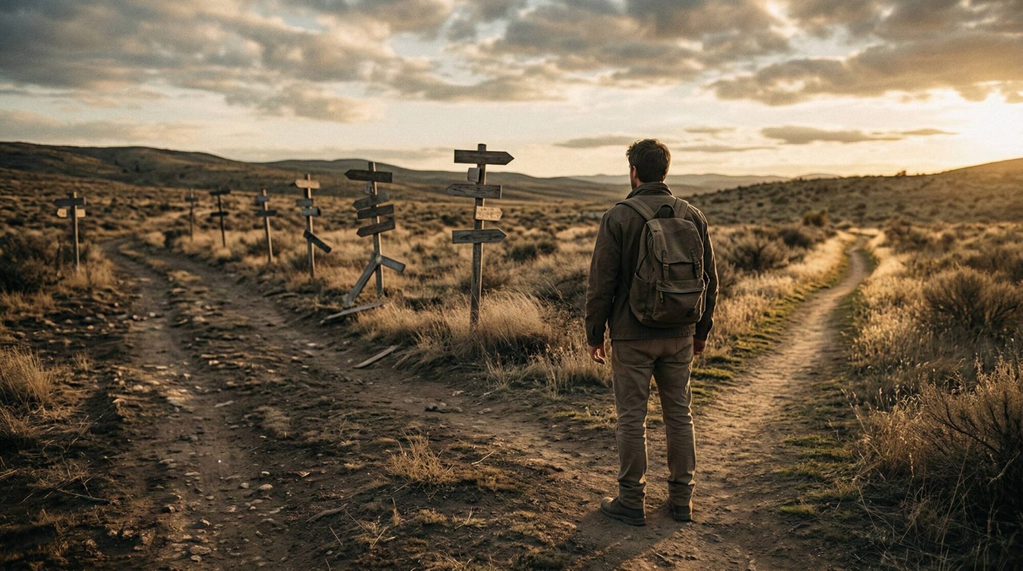Hiker at crossroads