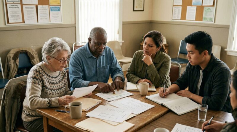 a modest community finance or cooperative meeting, several adults seated around a table reviewing papers and discussing local business or community funding