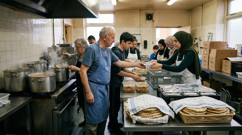 a small community kitchen preparing food for Ramadan distribution, volunteers of different ages packing meals, large pots simmering, bread stacked on tables, simple aprons, natural indoor lighting, authentic working environment