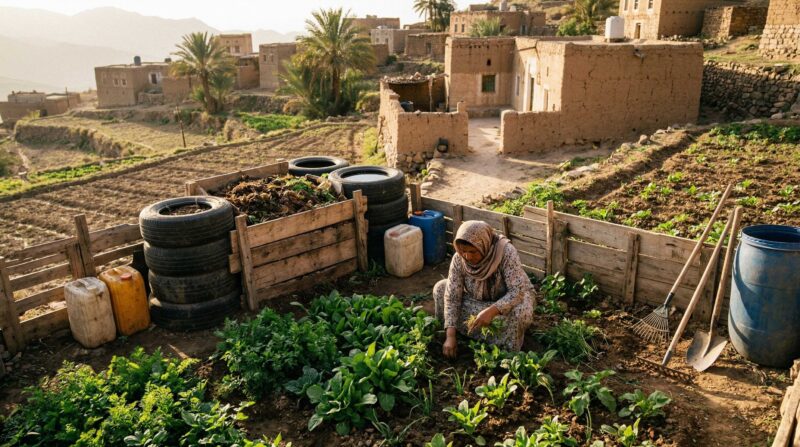 a woman tending a small vegetable plot beside compost or reused agricultural materials, modest home environment, signs of resourcefulness and local resilience