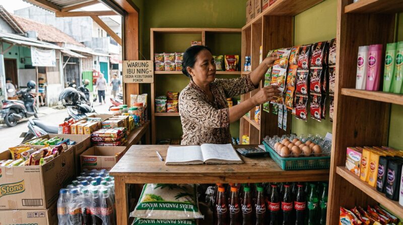 a small neighborhood shop in Indonesia receiving practical support, a woman shopkeeper arranging goods on shelves in a modest but improved storefront, everyday products visible