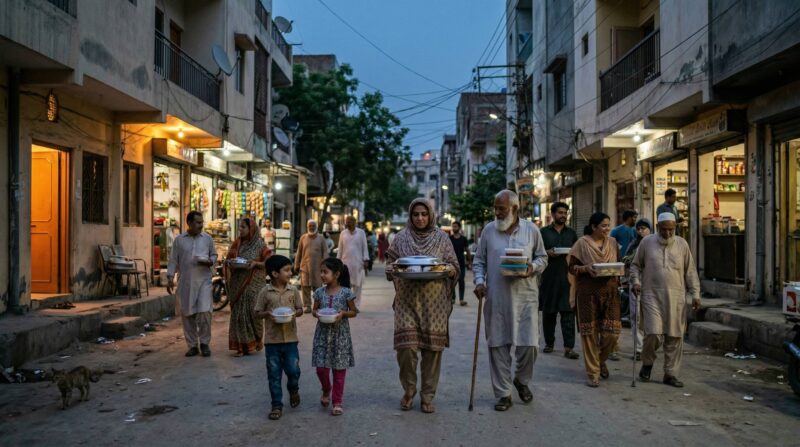 twilight scene of families walking home after iftar through a dense neighborhood street, children, elders, and adults carrying shared dishes or food containers, shop lights glowing, ordinary buildings, atmosphere of calm connection and mutual familiarity