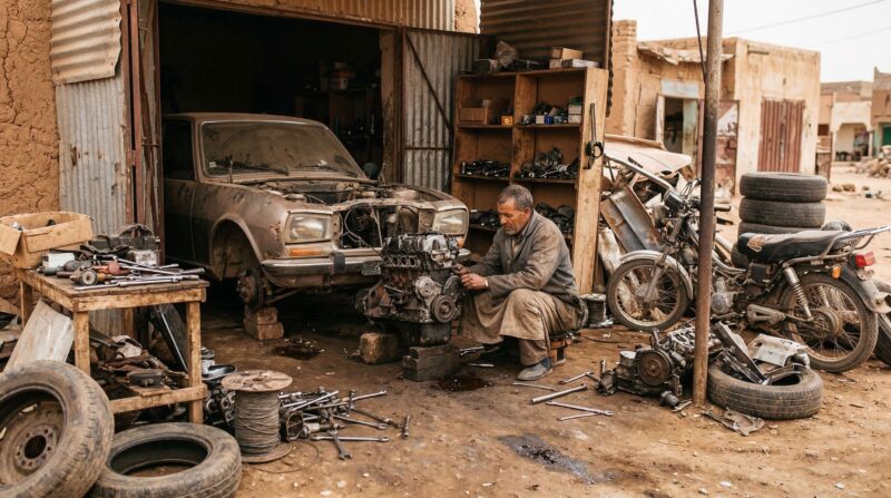 a small mechanic workshop in a rural North African town — tools, motorbikes, car parts, improvised workspace, owner repairing vehicle 