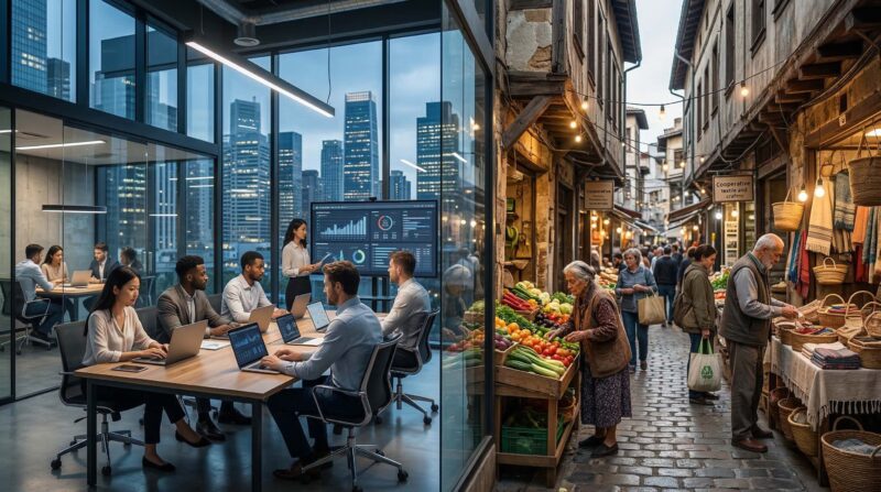 Split-scene editorial photograph showing contrast between a sleek urban startup coworking hub with laptops and glass walls and a traditional market street with small vendors and cooperatives 