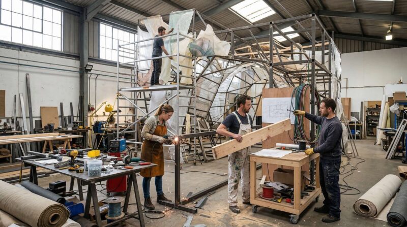 artists, fabricators, and technicians collaboratively building an immersive installation inside a warehouse or studio. 