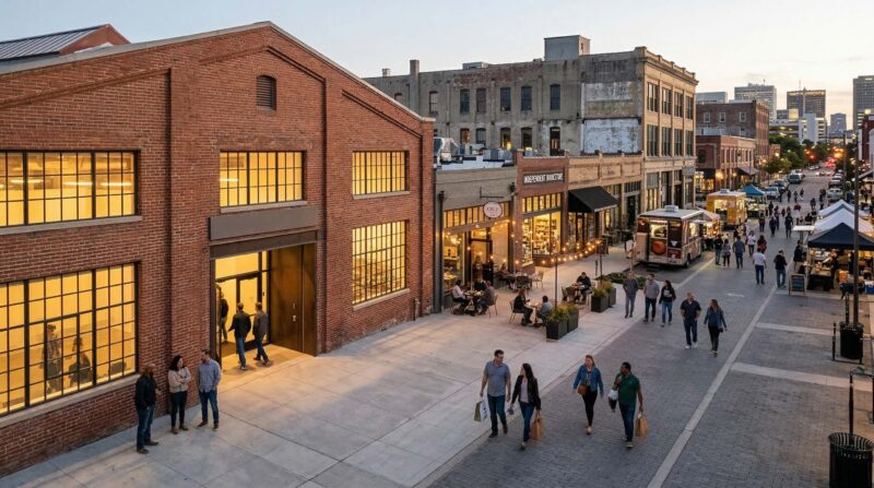 an activated formerly underused neighborhood space — repurposed warehouse or old commercial building now drawing foot traffic, small businesses, and pedestrians because of an arts or immersive venue nearby.