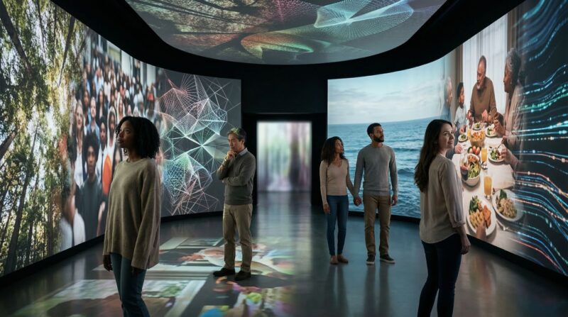 diverse visitors standing in a contemplative immersive environment where projected natural imagery, social imagery, and abstract patterns overlap. 