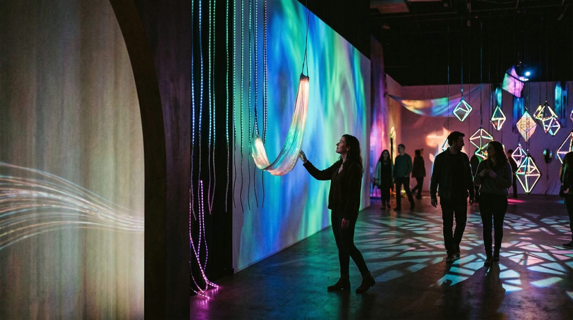 a large immersive art environment with visitors moving through light, color, and interactive installations.