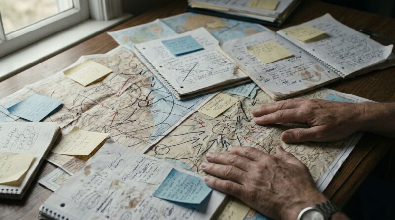 a desk cluttered with overlapping maps, sticky notes, and open notebooks, multiple arrows and circles drawn in different directions.
