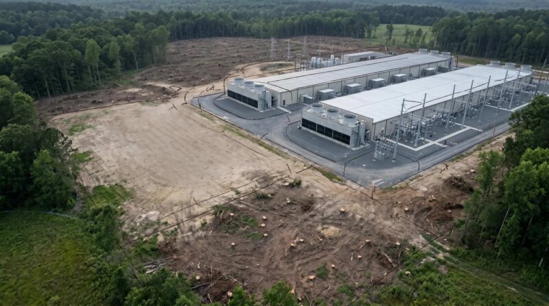 a hyperscale data center exterior set within a partially-cleared natural landscape — long low buildings with cooling towers and visible transmission infrastructure, with forest or grassland visible at the edges of the frame and signs of recent land clearing in between.