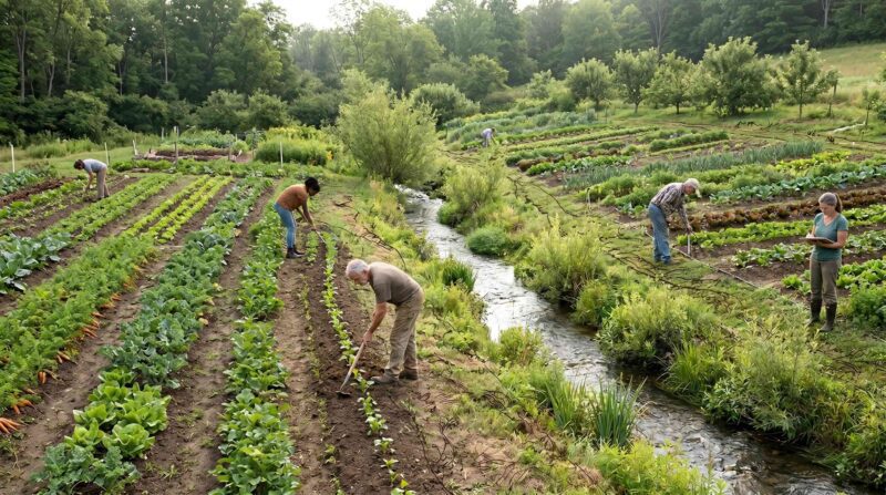 a small-scale agricultural landscape with people engaged in tending the land — terraced fields, polyculture plantings, or a working farm landscape with a clear sense of place and seasonal rhythm.