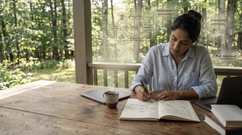 a person working at a wooden table outdoors or on a covered porch in a natural setting — writing in an open notebook, with a closed laptop set deliberately to the side of the workspace.